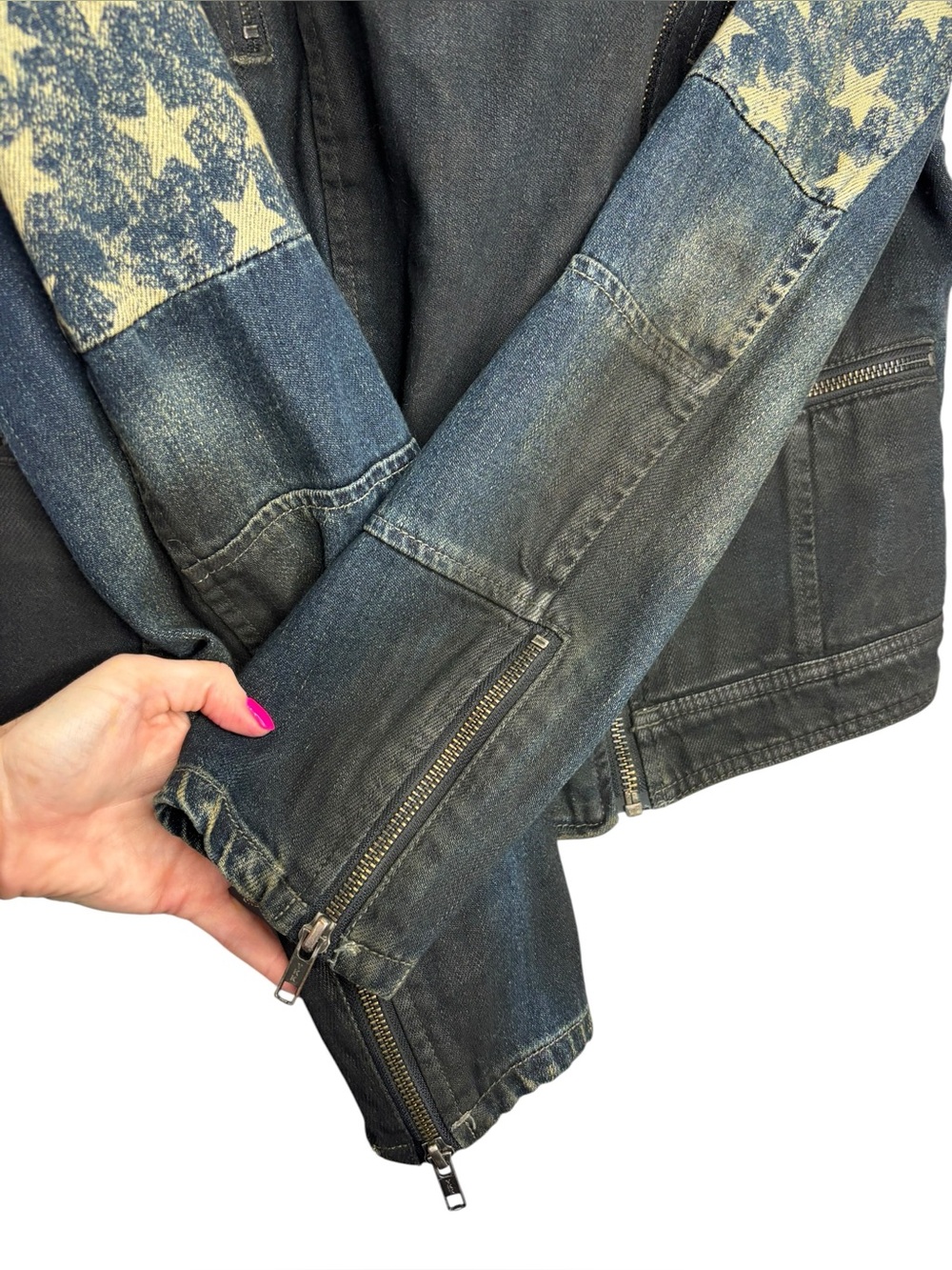 Free People American Flag Moto Jacket Distressed Denim Military Biker Grunge 12 - Picture 6 of 11